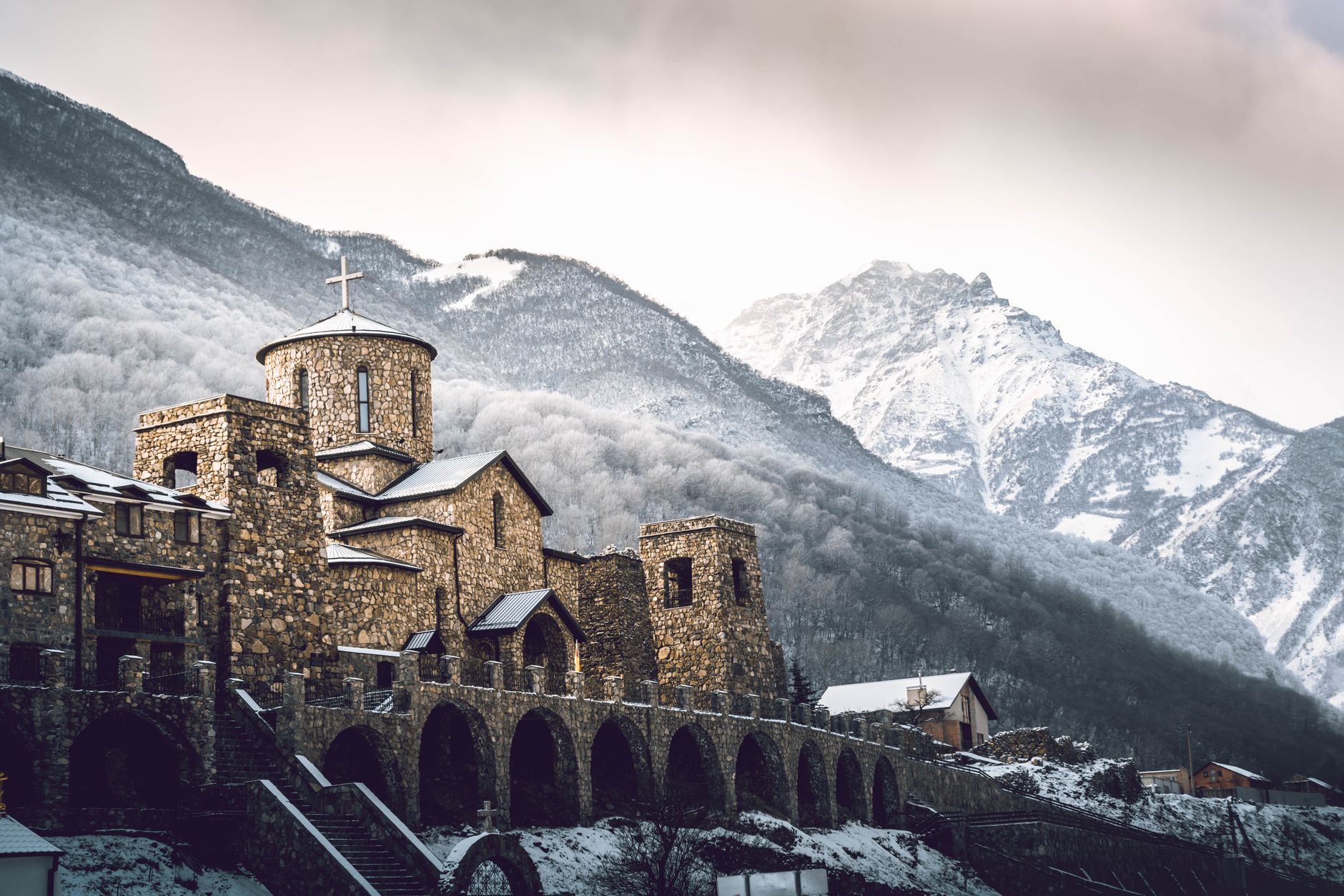 South Tyrol stone facade and mist